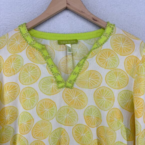SIGRID OLSEN Top S Lemon Print Crinkle Gauze V-Neck Beaded Sequin Cotton Yellow - Picture 4 of 13